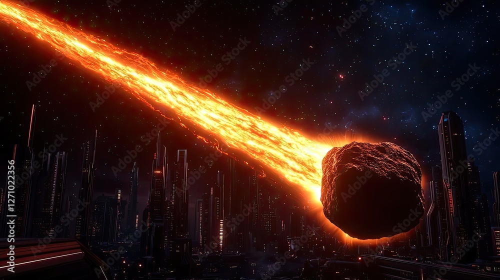 Poster asteroid impact idea. a stunning visualization of a fiery meteor streaking through a cosmic landscap