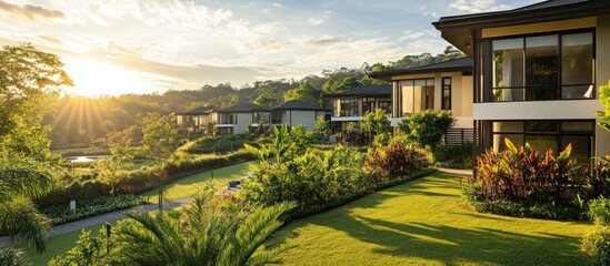 Fototapeta premium Luxury homes nestled in lush green landscape at sunset.