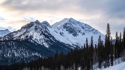 Majestic snowcapped mountains towering over a lush forest with a scenic cloudy sky in the background : Generative AI