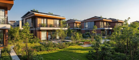 Modern residential complex with houses, gardens, and lawns under a clear sky.