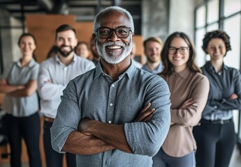 Obraz premium A diverse group of smiling businesspeople standing in an office, representing diversity and unity within the company.