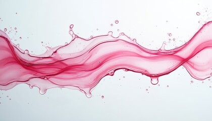 Elegant splash of pink transparent liquid on light background. Splashing colorful juice, vitamin serum, oil, magenta nutrient motion. Pouring wet refreshment with copy space. Freshness concept.