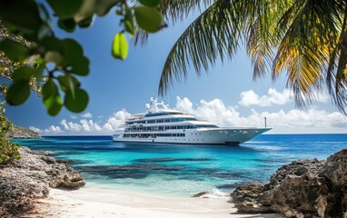 Obraz premium Luxury yacht anchored in a tropical bay, viewed from a secluded beach, partially obscured by palm fronds.