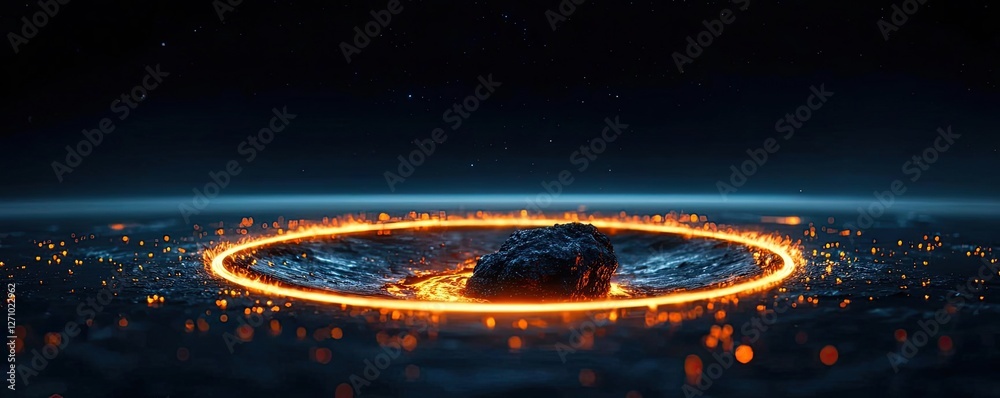 Poster asteroid impact idea. stunning view of a planetary object surrounded by glowing energy rings in spac