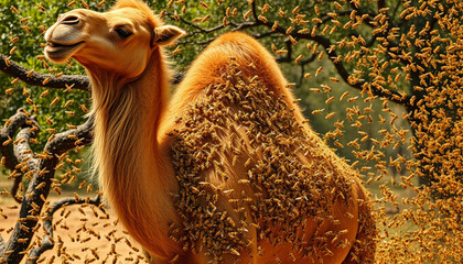  A camel resting calmly under the shade of trees while honeybees swarm around its body, creating a fascinating blend of wildlife elements