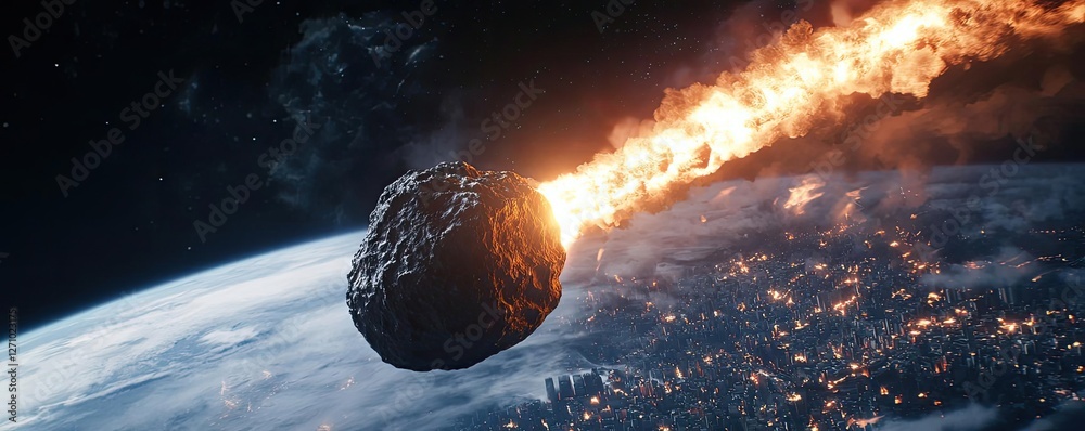 Aufkleber asteroid impact concept. a dramatic view of a comet approaching earth with fiery trails in space.