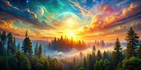 Obraz premium Mystical forest and sky blend in breathtaking double exposure images, creating surreal nature art.