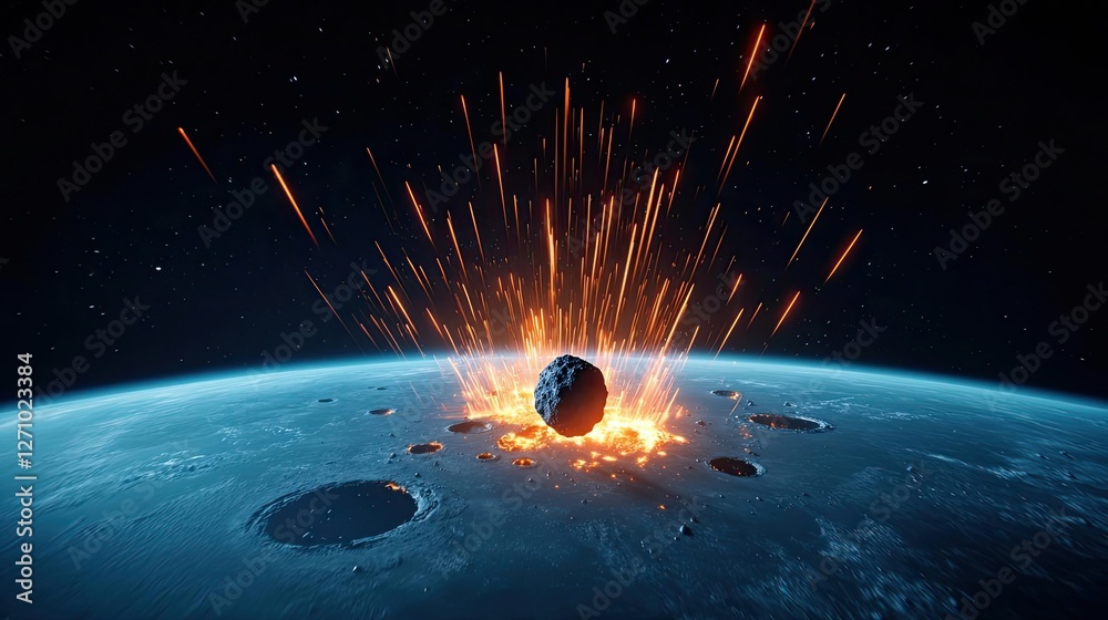 Poster asteroid impact idea. a dramatic view of an asteroid impacting a planet, creating explosive energy a