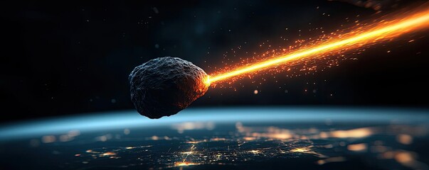 Asteroid impact idea. A mesmerizing view of an asteroid impacting Earth with a bright glowing trail.