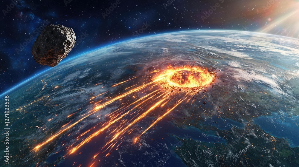 Poster asteroid impact idea. a stunning view of an asteroid entering earth's atmosphere, creating fiery tra