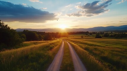 Scenic Sunset Over a Serene Countryside Road Surrounded by Lush Green Fields : Generative AI