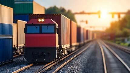 Naklejka premium Freight Train Moving Through Industrial Area with Colorful Cargo Containers and Sunset : Generative AI