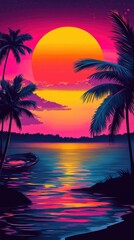 Sunset Over Tropical Lagoon with Palm Trees