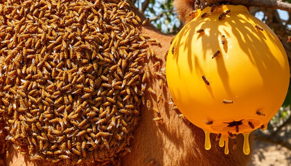  A camel with a beehive attached to its body, covered with a thick swarm of buzzing bees creating an unusual and fascinating sigh