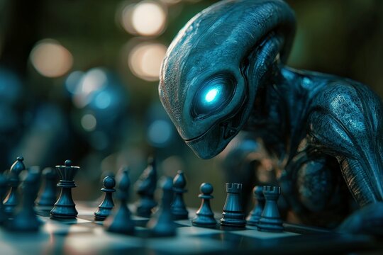 Alien figure engaged in an intense chess match in a sci-fi setting surrounded by futuristic elements