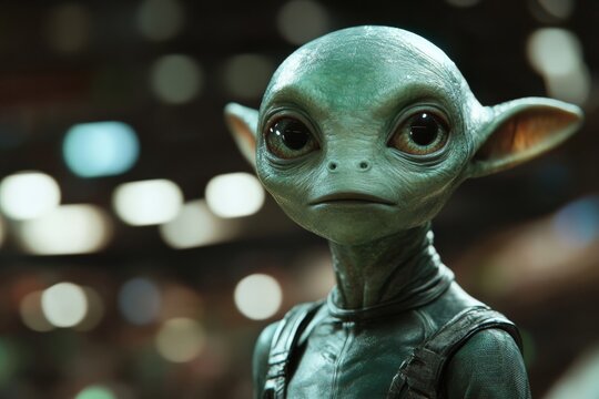Ethereal green alien character gazes thoughtfully in a vibrant, bustling environment filled with abstract lights