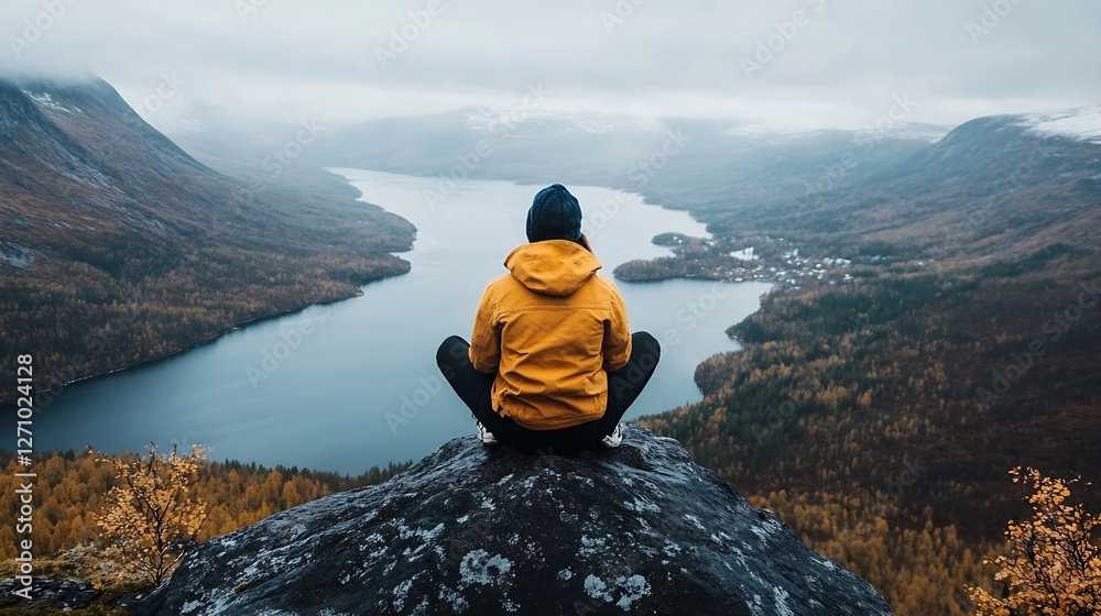 Aufkleber adventurous person in yellow jacket meditatively gazing at breathtaking mountain lake view : generat