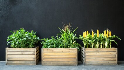 Three wooden crates with various plants against a black background.