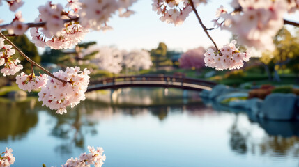 Traditional Japanese Garden with Cherry Blossoms, A traditional Japanese garden featuring a tranquil pond, wooden bridge, and vibrant cherry blossoms framing the serene scene.