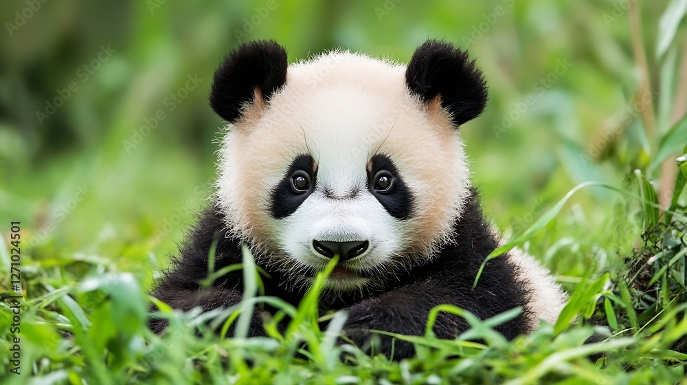 Poster adorable panda cub resting in lush green grass capturing the essence of wildlife and conservation : 