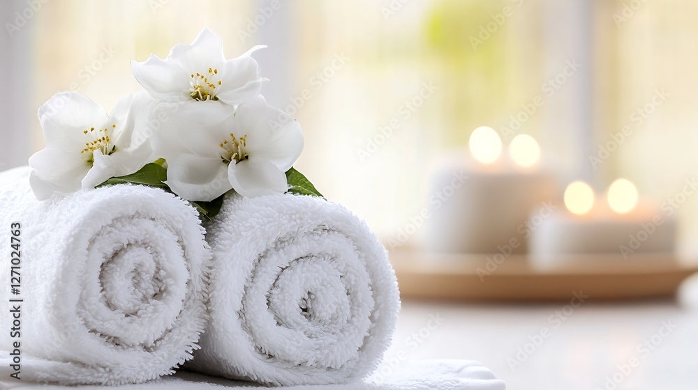 Poster relaxing spa arrangement featuring rolled towels and decorative flowers creating a calm atmosphere :