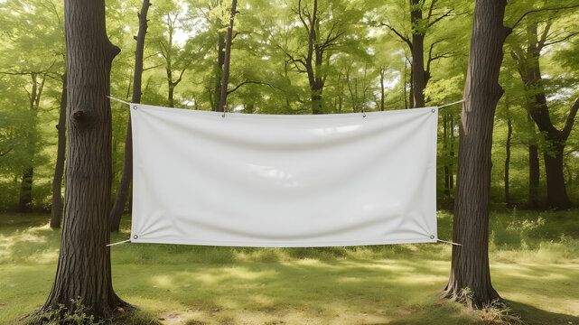 A fabric banner mockup tied between two trees in a lush forest, with a blank area for custom messaging. Soft sunlight filters through the trees, casting gentle shadows on the banner