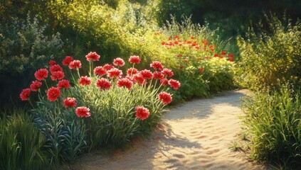 Sunlit garden path bordered by vibrant red flowers and lush greenery.