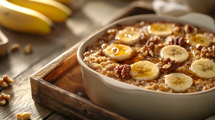Warm bowl of oatmeal topped with banana slices, walnuts, and a drizzle of honey on rustic wooden surface.
