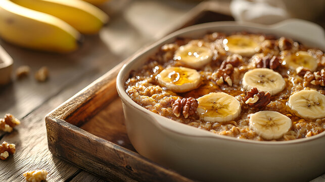 Warm bowl of oatmeal topped with banana slices, walnuts, and a drizzle of honey on rustic wooden surface. - Powered by Adobe