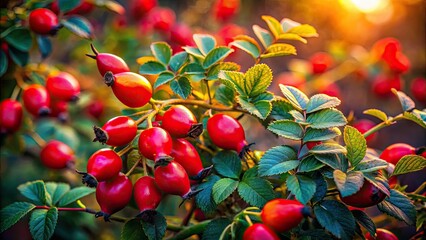 Obraz premium Pink rose hip petals glow, wild berries nestled amongst soft floral shadows.