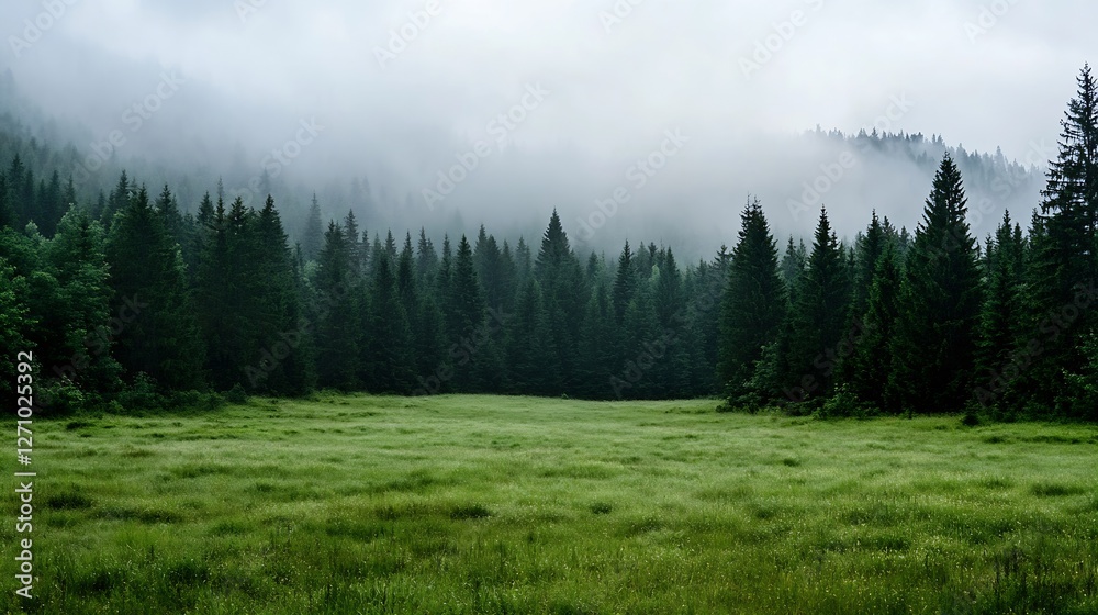 Poster lush green forest landscape captured under a misty atmosphere with tall pine trees and serene tranqu