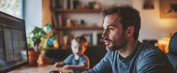 Obraz premium Father working from home, child playing, bookshelves background. Remote work image