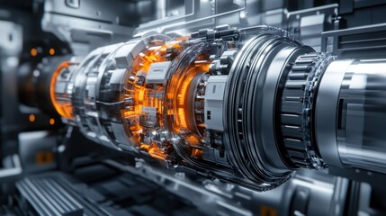 Futuristic energy core with glowing orange elements inside a high-tech machinery environment