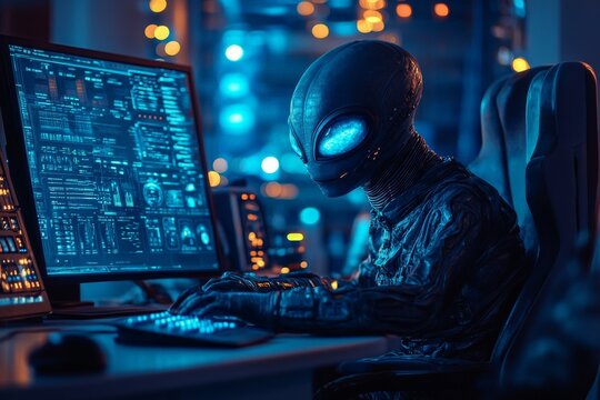 Alien character working at a computer in a futuristic environment with blue lighting