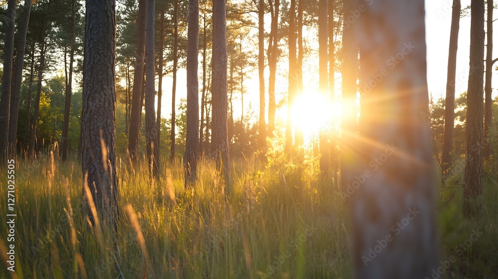 Poster Golden sunlight streaming through tall trees in a serene forest creating a magical and calming atmosphere : Generative AI