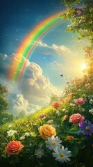 Rainbow Over a Field of Flowers
