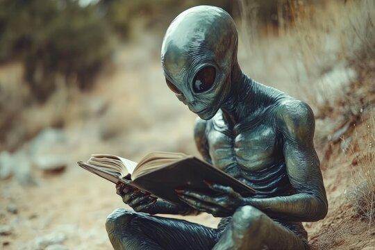 Alien creature engaged in reading a book in a natural outdoor setting during daylight hours