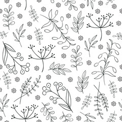 Wildflowers and herbs seamless pattern with outline florals on white background
