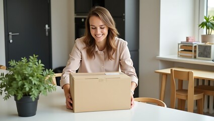 Happy Woman Receiving a Package at Home