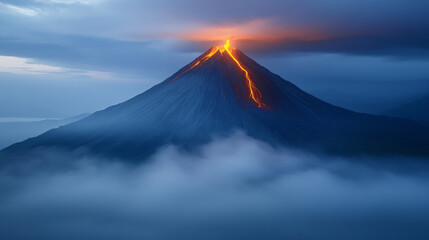 Mountain with a volcano on top and a red and orange lava flow