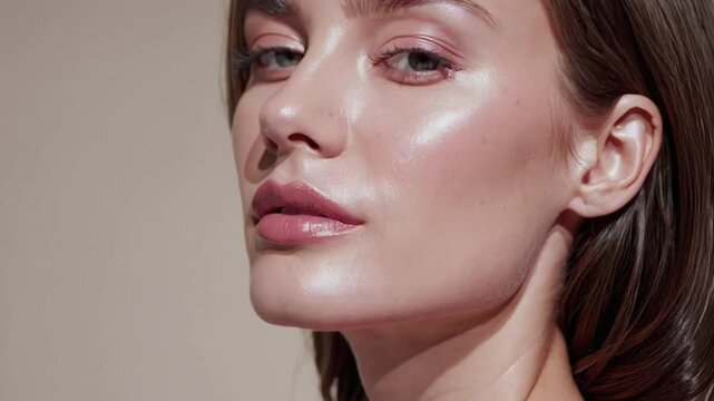 Young Caucasian woman with glowing skin and natural makeup. Close-up shot with soft lighting. Minimalist beauty concept. Neutral background with warm tones.