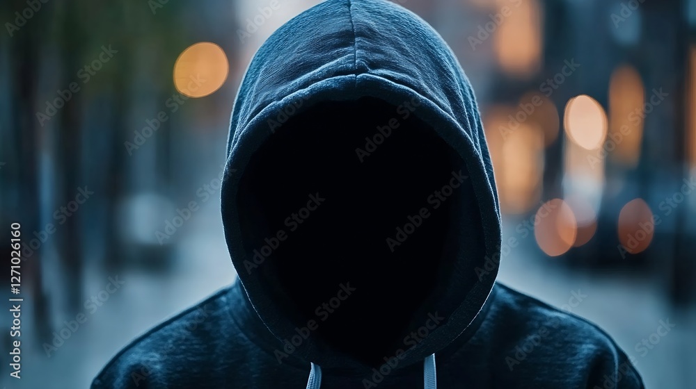 Poster Mysterious hooded figure in dark urban setting with blurred city lights in the background creating a sense of intrigue : Generative AI