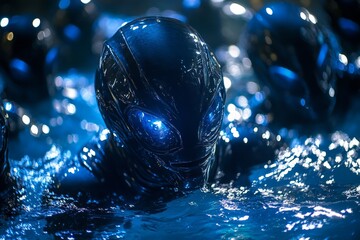 Mysterious humanoid figures emerge from dark water in an otherworldly setting illuminated by blue light