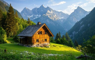 A beautiful wooden cottage with a thatched roof in an alpine meadow