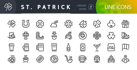 Set of 36 St Patricks Day Line Icons with Editable Stroke. Suitable for web, infographics and apps. Isolated on white background.