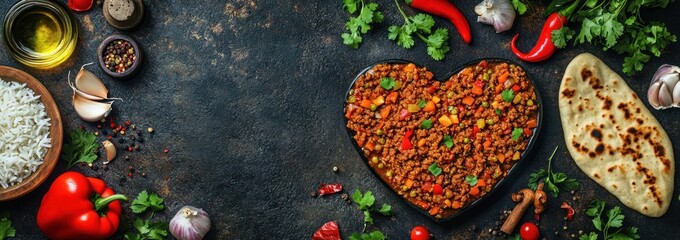 Heart-shaped Keema with rice and naan bread, surrounded by fresh herbs and spices on a dark rustic background.