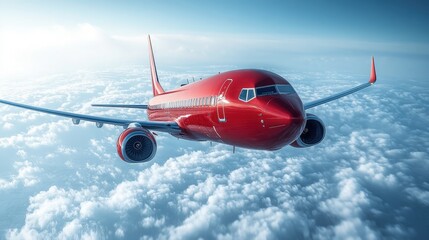 Stunning Aerial View of a Bright Red Commercial Airplane Flying Above White Clouds in a Clear Blue Sky During a Bright Day, Perfect for Travel and Aviation Themes