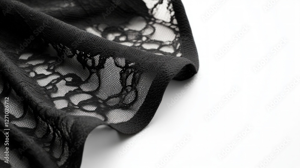 Aufkleber Black Lace Fabric with Intricate Pattern on Soft White Background