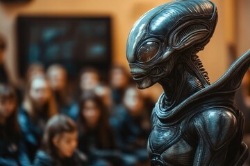 Alien figure interacting with a group of intrigued observers in a futuristic setting