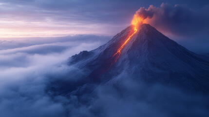 Mountain with a volcano on top and a large orange flame